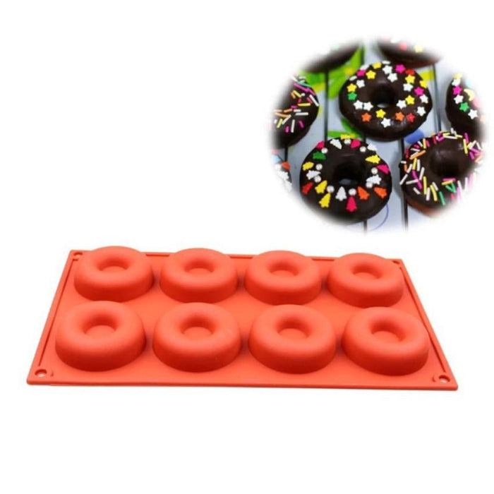 2-Piece Set of Silicone Donut Baking Molds: red, green donuts, colorful decorative food presentation style
