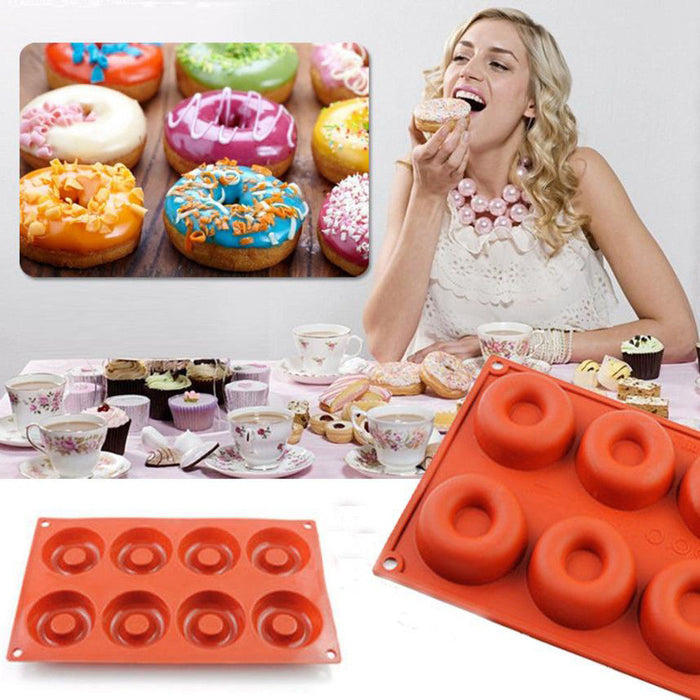 2-Piece Set of Silicone Donut Baking Molds: red, green donuts, colorful decorative food presentation style