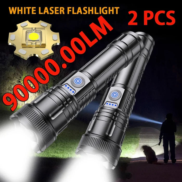 2 Piece Set of Super Bright LED Flashlights: black, silver flashlights, tactical/product advertisement style