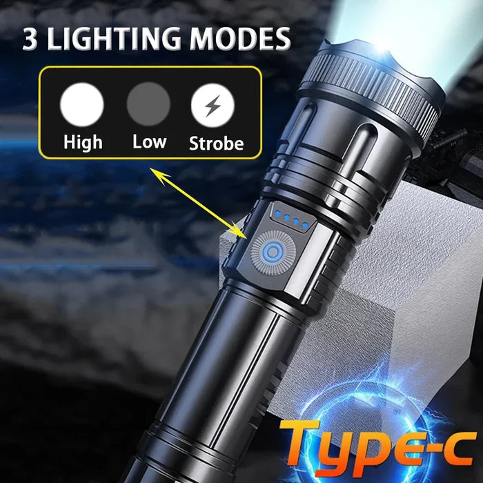 2 Piece Set of Super Bright LED Flashlights: black, silver flashlights, tactical/product advertisement style