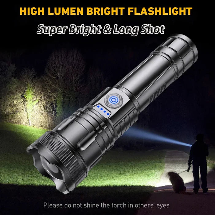 2 Piece Set of Super Bright LED Flashlights: black, silver flashlights, tactical/product advertisement style
