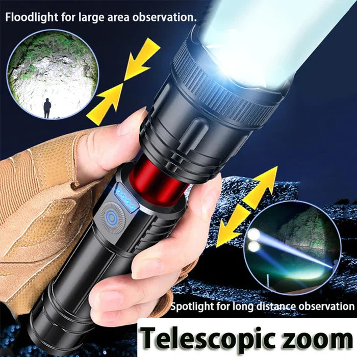 2 Piece Set of Super Bright LED Flashlights: black, silver flashlights, tactical/product advertisement style