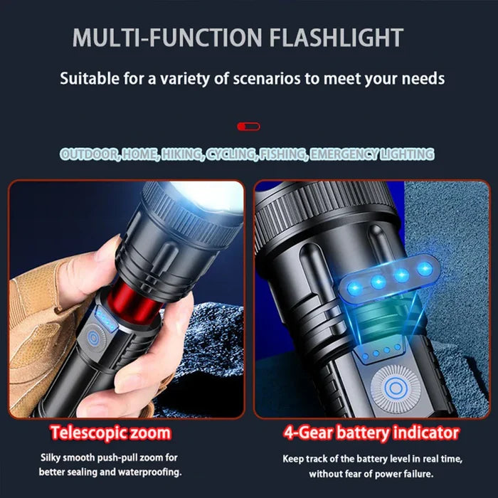 2 Piece Set of Super Bright LED Flashlights: black, silver flashlights, tactical/product advertisement style
