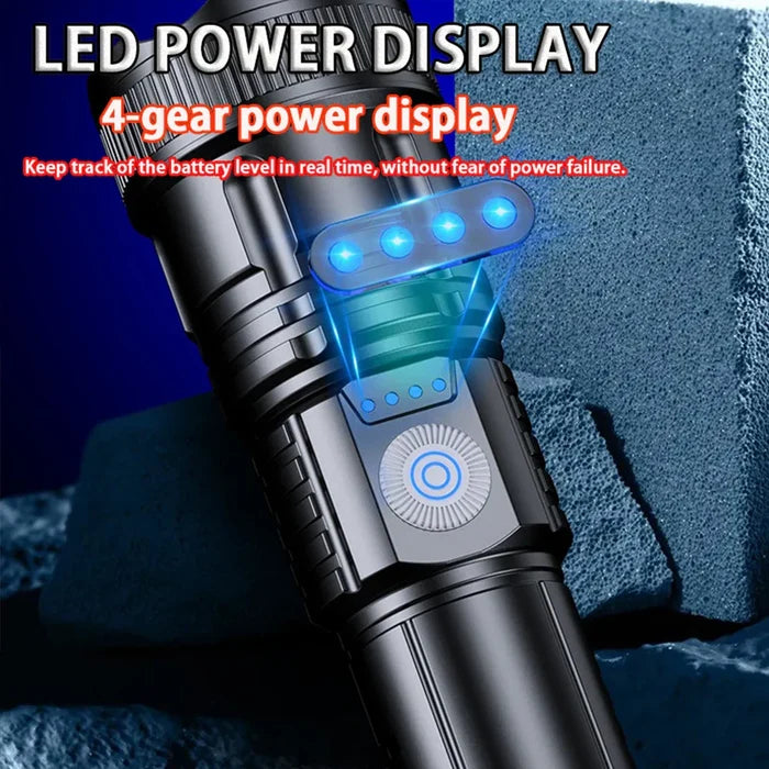 2 Piece Set of Super Bright LED Flashlights: black, silver flashlights, tactical/product advertisement style