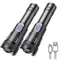 2 Piece Set of Super Bright LED Flashlights: black, silver flashlights, tactical/product advertisement style