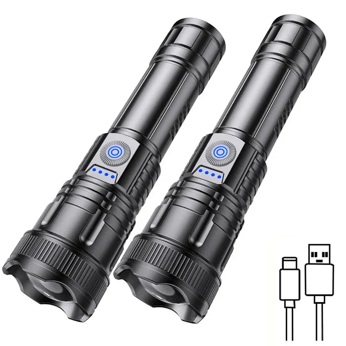 2 Piece Set of Super Bright LED Flashlights: black, silver flashlights, tactical/product advertisement style
