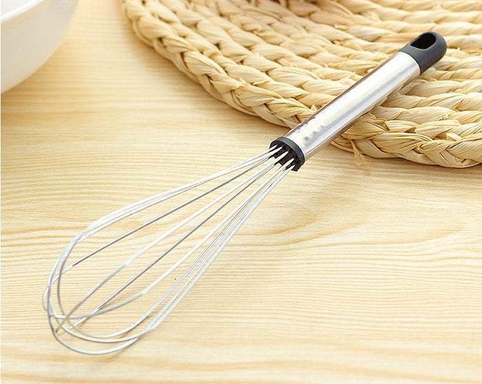2-Piece Set of Versatile Stainless Steel Egg Beaters: silver, black handheld kitchen whisk, minimal style
