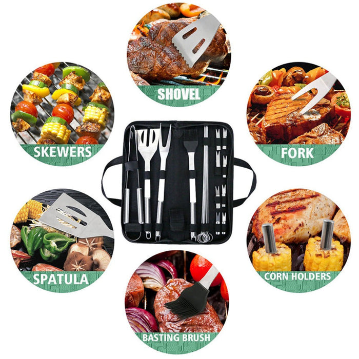 20-Piece Stainless Steel Barbecue Utensil Set: silver, black barbecue/grilling tools, product advertisement collage style