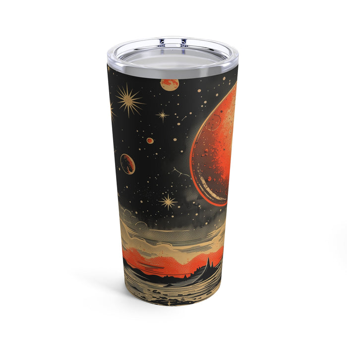 20oz Retro Cosmic Tumbler: black, orange-red space/planet landscape theme, illustrated retro sci-fi style