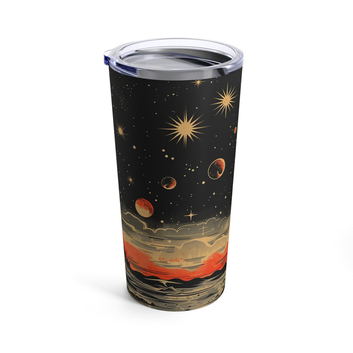 20oz Retro Cosmic Tumbler: black, orange-red space/planet landscape theme, illustrated retro sci-fi style