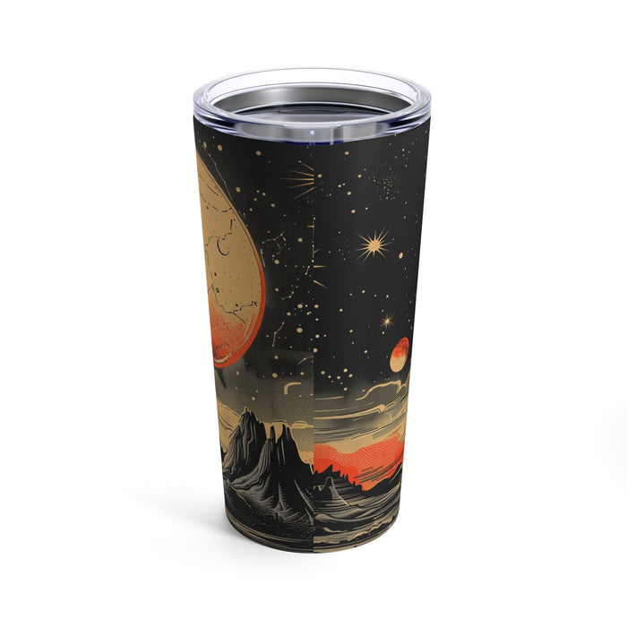 20oz Retro Cosmic Tumbler: black, orange-red space/planet landscape theme, illustrated retro sci-fi style