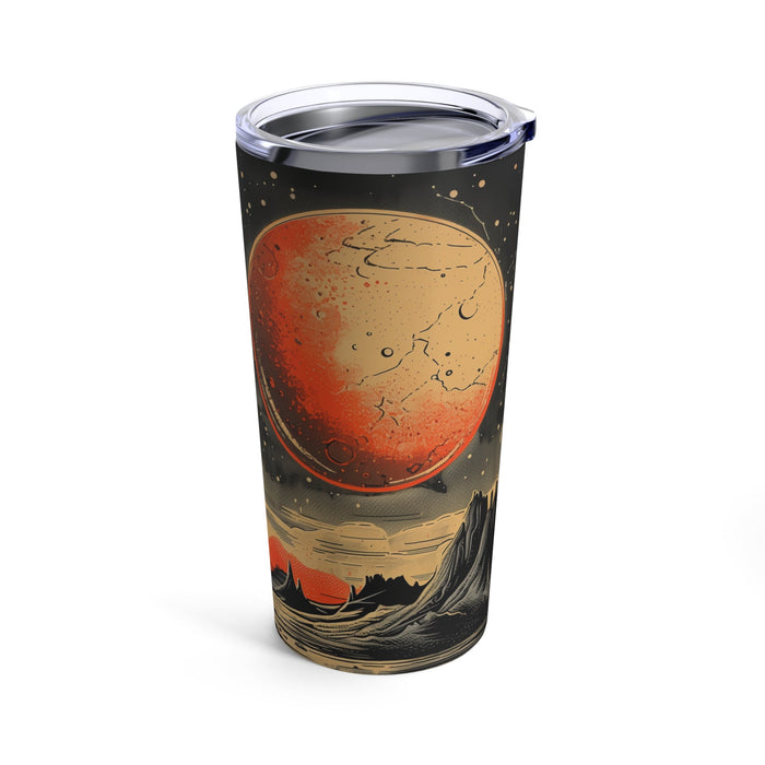 20oz Retro Cosmic Tumbler: black, orange-red space/planet landscape theme, illustrated retro sci-fi style
