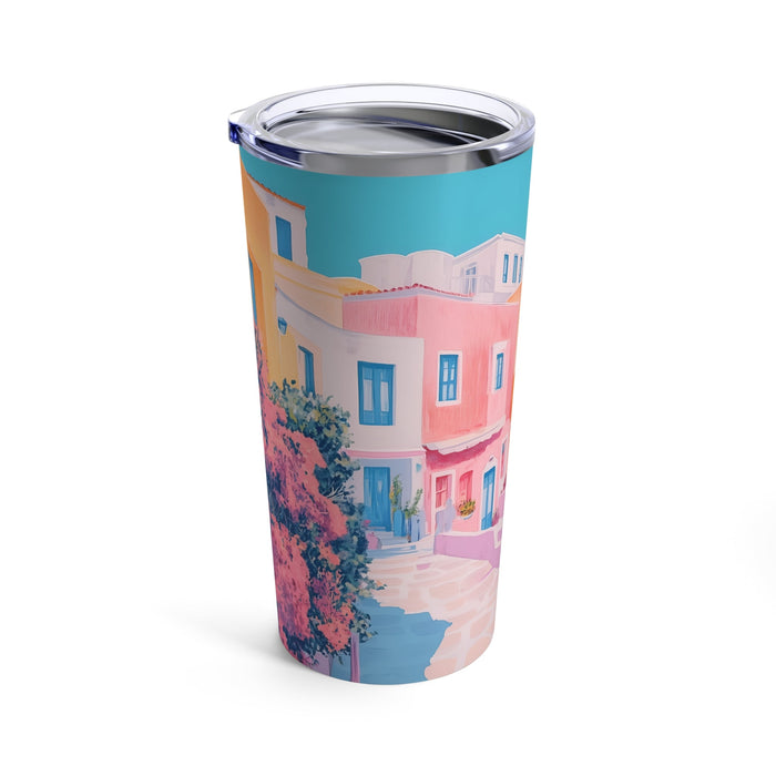 20oz Tumbler for Serene Scenery: turquoise, pink illustrated pastel buildings and flowering tree, colorful illustrated style
