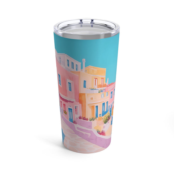 20oz Tumbler for Serene Scenery: turquoise, pink illustrated pastel buildings and flowering tree, colorful illustrated style