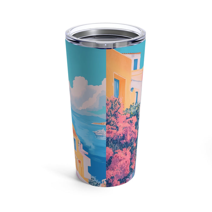 20oz Tumbler for Serene Scenery: turquoise, pink illustrated pastel buildings and flowering tree, colorful illustrated style