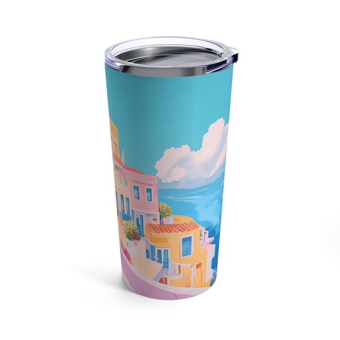 20oz Tumbler for Serene Scenery: turquoise, pink illustrated pastel buildings and flowering tree, colorful illustrated style