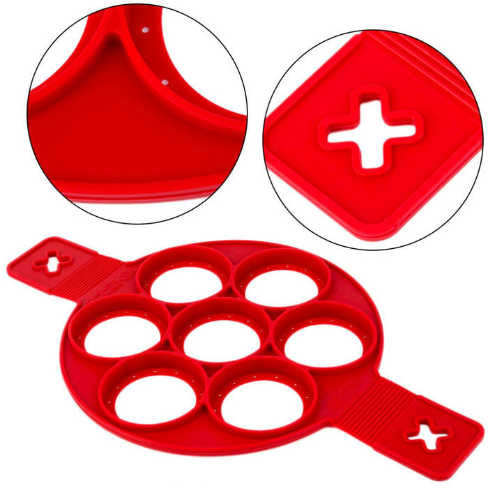 3-Piece Set of Silicone Non-Stick Pancake and Egg Molds: red round multi-cavity mold or holder, minimal style