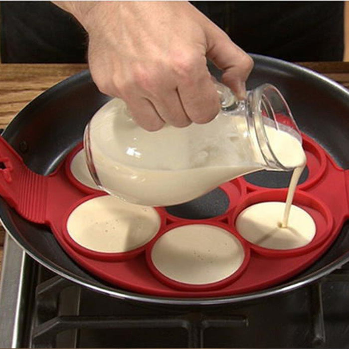 3-Piece Set of Silicone Non-Stick Pancake and Egg Molds: red round multi-cavity mold or holder, minimal style