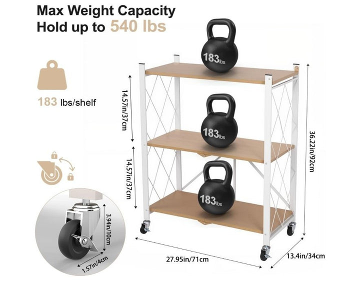 3 Tier Folding Shelving Unit Kitchen Wheels Metal Rack Storage Trolley Oak-242