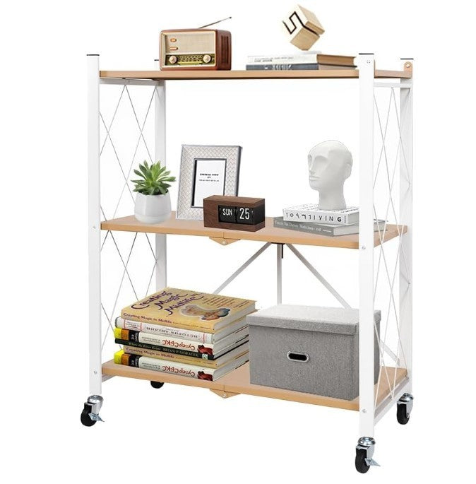 3 Tier Folding Shelving Unit Kitchen Wheels Metal Rack Storage Trolley Oak-242