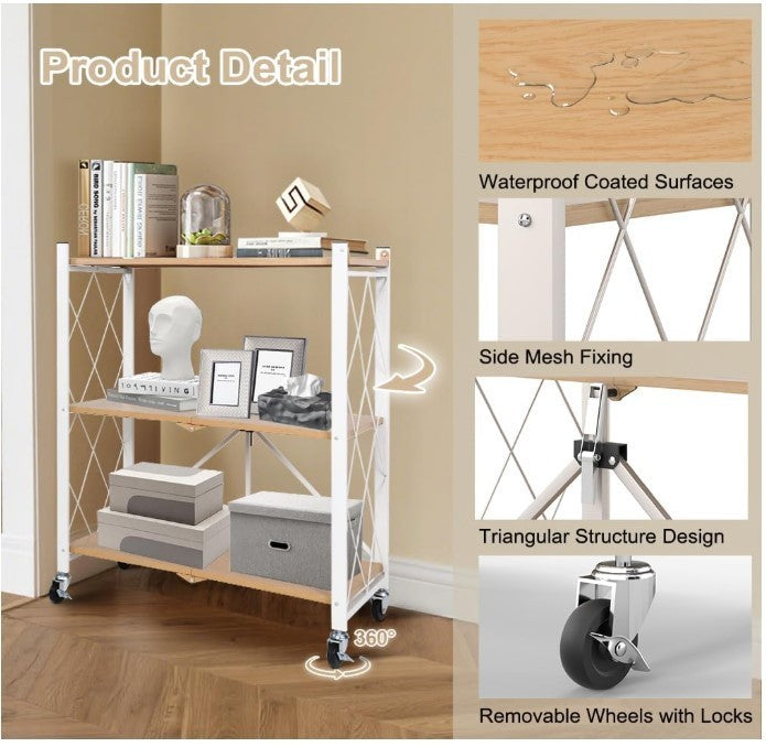 3 Tier Folding Shelving Unit Kitchen Wheels Metal Rack Storage Trolley Oak-242