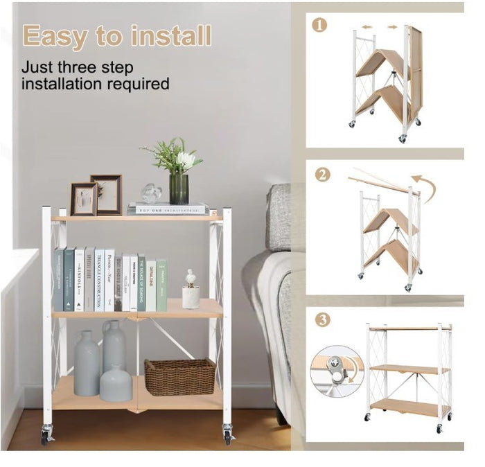 3 Tier Folding Shelving Unit Kitchen Wheels Metal Rack Storage Trolley Oak-242