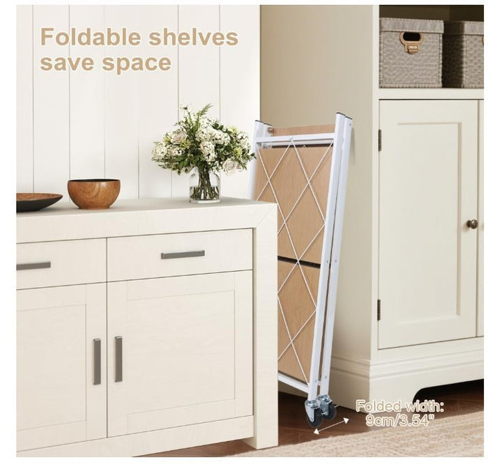 3 Tier Folding Shelving Unit Kitchen Wheels Metal Rack Storage Trolley Oak-242