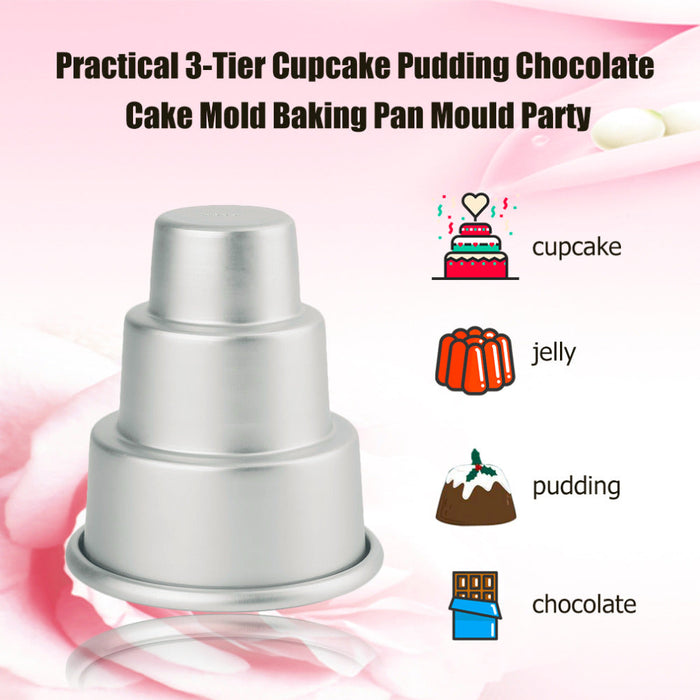 3-Tier Mini Cupcake Pudding Cake Mold, Set of 5 Pieces: silver, pink 3-tier baking mold pan, minimal product advertisement st