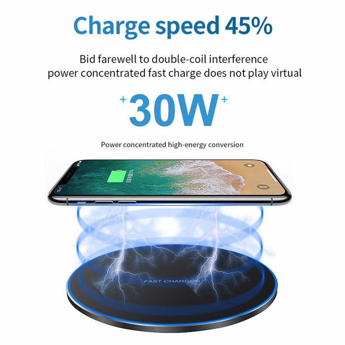 30W Dragon W9 Wireless Charger: copper gold, black wireless charging coil component graphic, technical product infographic st