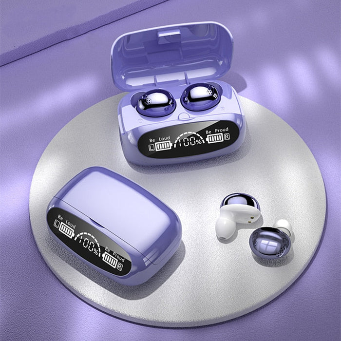 32MAX Dragon Touch Bluetooth Earbuds: purple, white wireless earbuds with charging cases, modern futuristic style