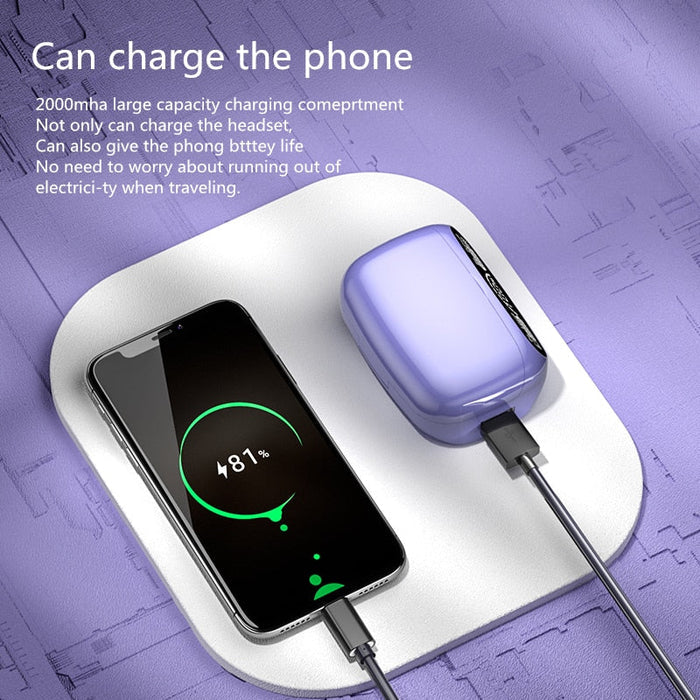 32MAX Dragon Touch Bluetooth Earbuds: purple, white wireless earbuds with charging cases, modern futuristic style