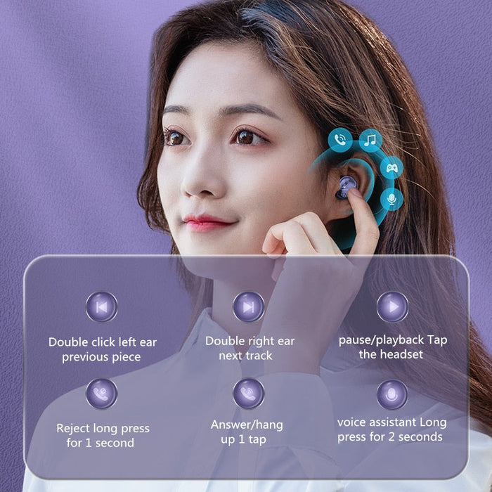 32MAX Dragon Touch Bluetooth Earbuds: purple, white wireless earbuds with charging cases, modern futuristic style