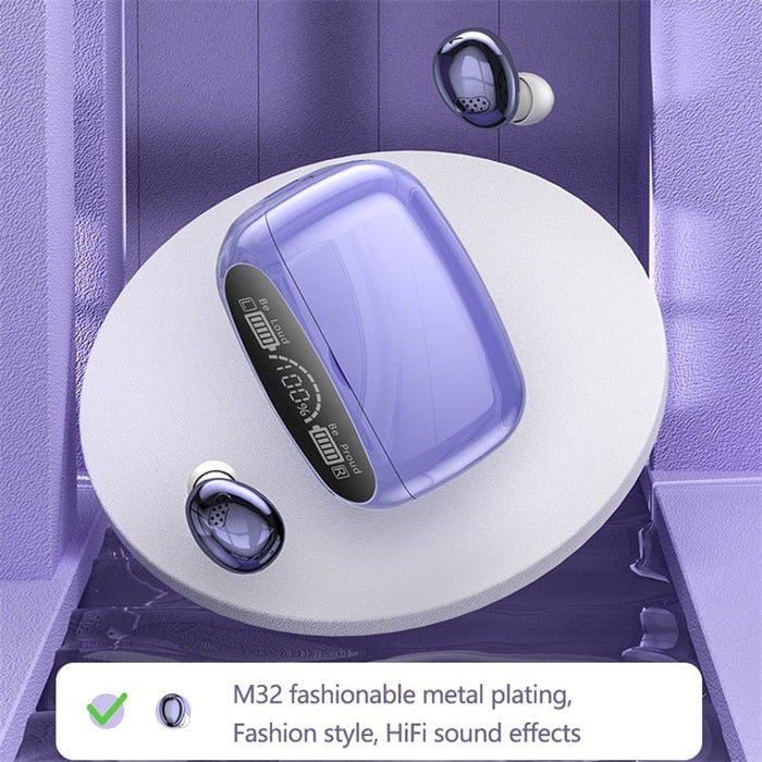 32MAX Dragon Touch Bluetooth Earbuds: purple, white wireless earbuds with charging cases, modern futuristic style