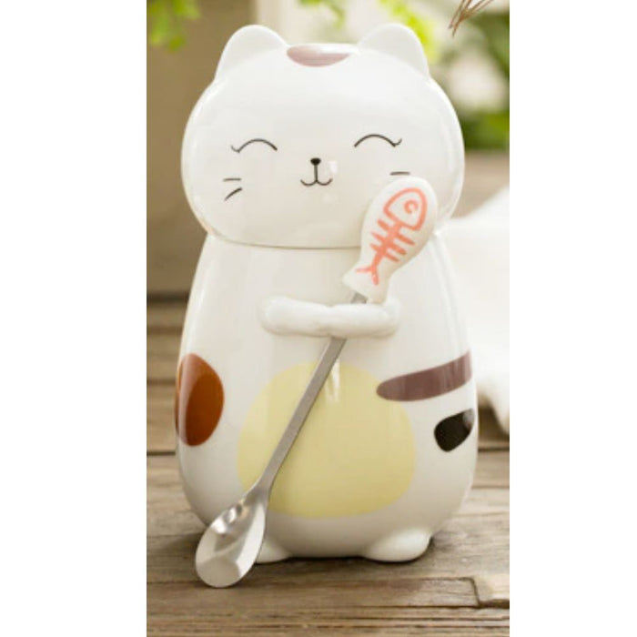 3D Feline Mug Set with Matching Spoon: white, brown cats, cute cartoon kawaii style