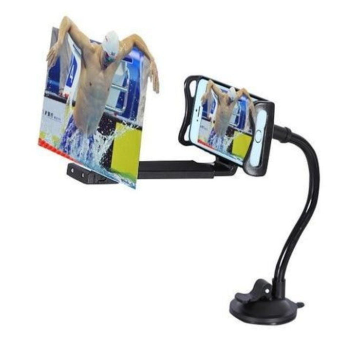 3D Mobile Phone Projection Magnifier, 12" Display with Stand: black, silver/gray flexible gooseneck phone holder stand, minim
