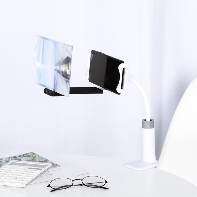 3D Mobile Phone Projection Magnifier, 12" Display with Stand: black, silver/gray flexible gooseneck phone holder stand, minim