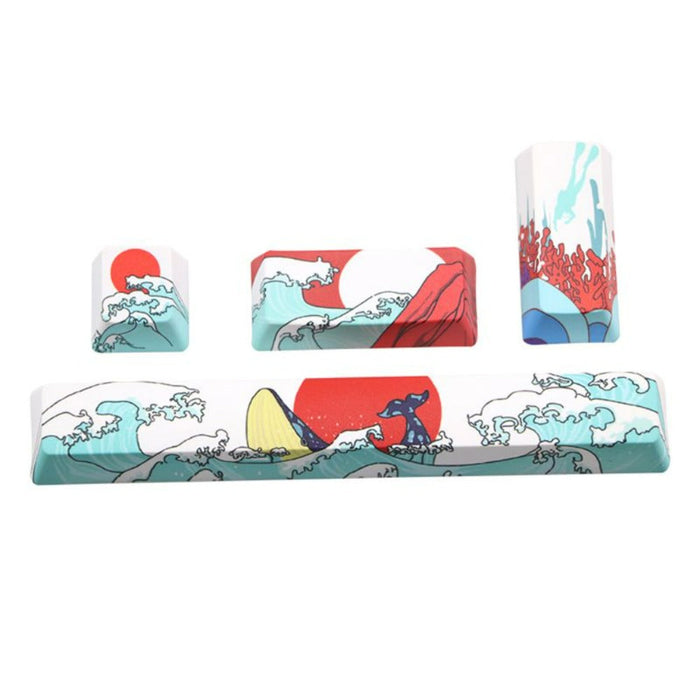 4-Piece Keycap Set with Animated Design: white, teal ocean waves, red sun, whale, surfboard, cartoon Japanese wave-art inspir