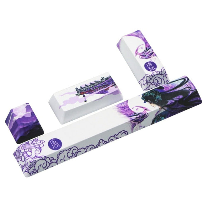 4-Piece Keycap Set with Animated Design: white, teal ocean waves, red sun, whale, surfboard, cartoon Japanese wave-art inspir