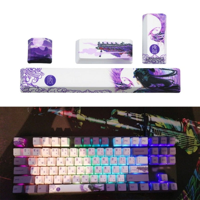4-Piece Keycap Set with Animated Design: white, teal ocean waves, red sun, whale, surfboard, cartoon Japanese wave-art inspir