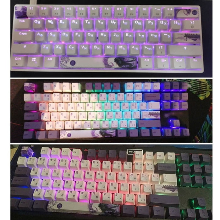 4-Piece Keycap Set with Animated Design: white, teal ocean waves, red sun, whale, surfboard, cartoon Japanese wave-art inspir
