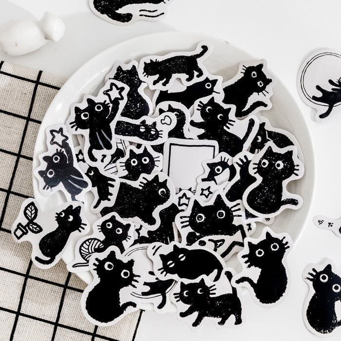 45PCS Black Cat Stickers for Creativity: black, white black cats, cartoon, kawaii, monochrome style