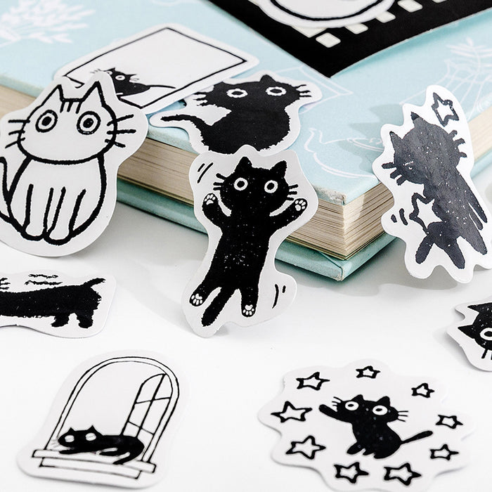 45PCS Black Cat Stickers for Creativity: black, white black cats, cartoon, kawaii, monochrome style