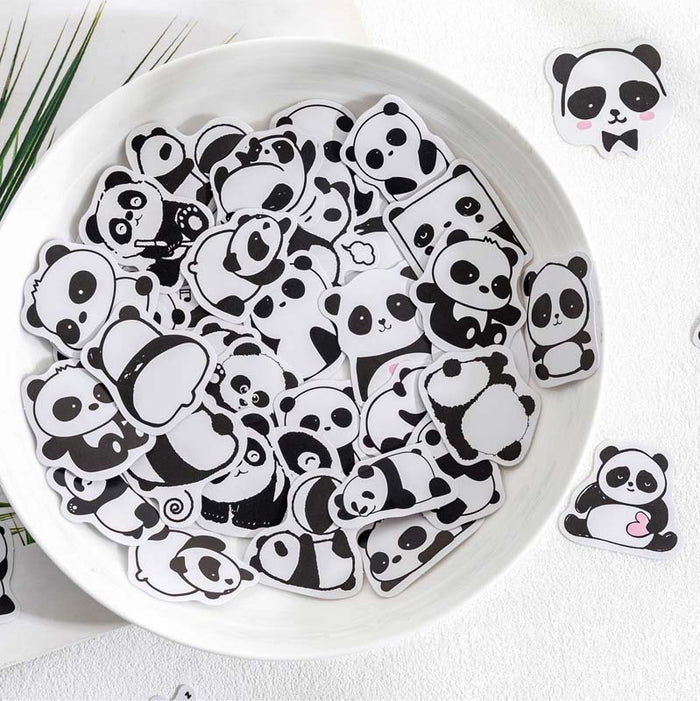 45PCS Panda Stickers for Creative Crafts: black, white panda characters, kawaii cartoon style