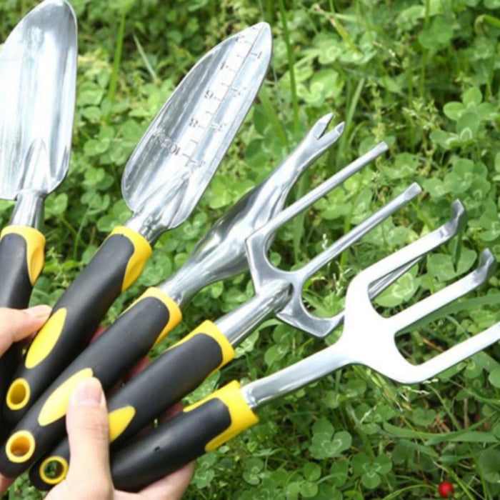 5 Piece Portable Garden Tool Kit: silver, black garden hand tool set, practical garden tools style
