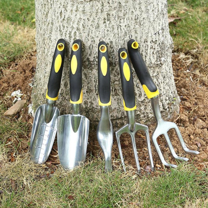 5 Piece Portable Garden Tool Kit: silver, black garden hand tool set, practical garden tools style
