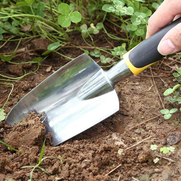 5 Piece Portable Garden Tool Kit: silver, black garden hand tool set, practical garden tools style