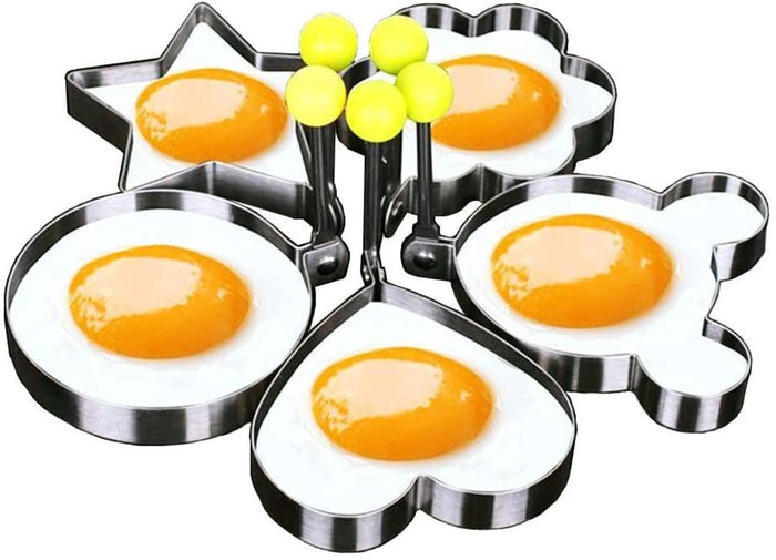 5 Piece Set of Stainless Steel Molds for Eggs and Pancakes: silver, black flower-shaped egg molds, novelty kitchenware style