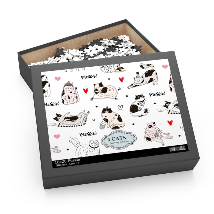500-Piece Jigsaw Puzzle, Engaging Cat Activities: black, white cats, cartoon kawaii style