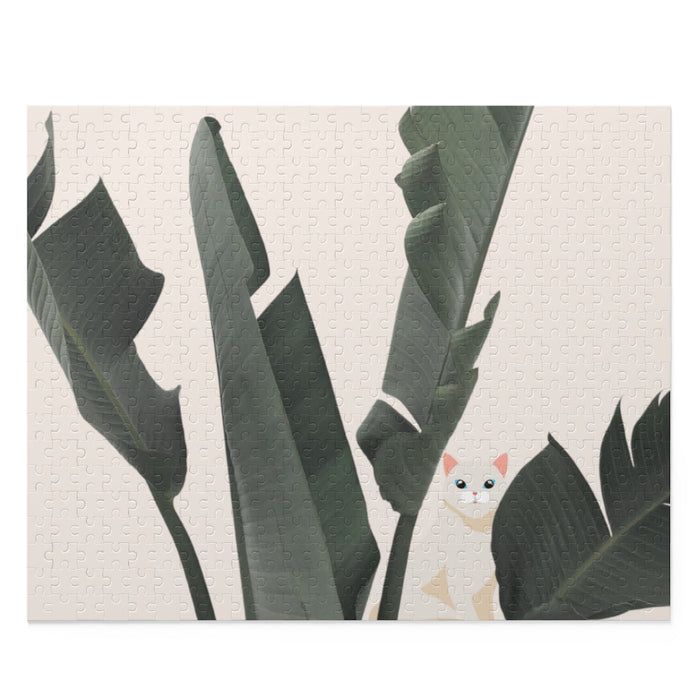 500-Piece Jigsaw Puzzle Featuring a Feline Concealed by Lush Tropical Foliage: black, dark green cat among large tropical lea