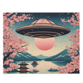 500-Piece Jigsaw Puzzle Featuring Retro Cherry Blossoms and Extraterrestrial Art: pink, teal blue UFO flying over a Japanese-